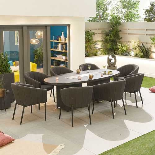 Nova - Edge Fabric 8 Seat Oval Dining Set with Firepit - Dark Grey