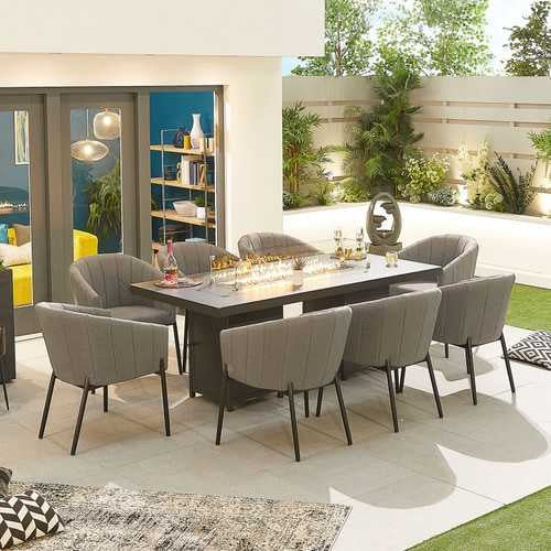 Load image into Gallery viewer, Nova - Edge Fabric 8 Seat Rectangular Dining Set with Firepit - Light Grey
