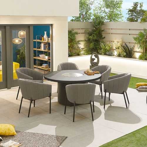 Load image into Gallery viewer, Nova - Edge Fabric 6 Seat Round Dining Set with Firepit - Light Grey
