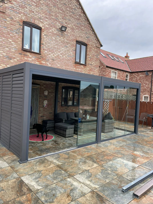 Nova Titan Aluminium Pergola 6m x 3m Rectangular with Glass sliding Doors - Grey