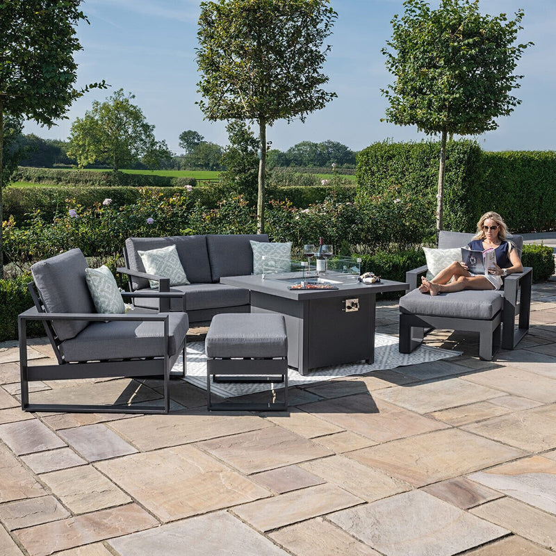 Load image into Gallery viewer, Maze - Amalfi 2 Seat Aluminium Sofa Set
with Square Fire Pit Table plus Armchairs &amp; Footstools - Grey
