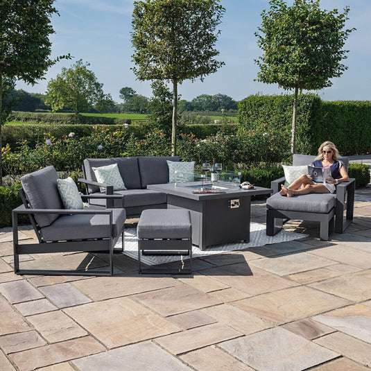 Maze - Amalfi 2 Seat Aluminium Sofa Set
with Square Fire Pit Table plus Armchairs & Footstools - Grey