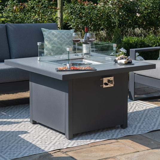 Maze - Amalfi 2 Seat Aluminium Sofa Set
with Square Fire Pit Table plus Armchairs & Footstools - Grey