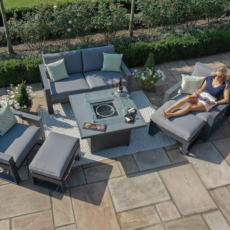 Load image into Gallery viewer, Maze - Amalfi 2 Seat Aluminium Sofa Set
with Square Fire Pit Table plus Armchairs &amp; Footstools - Grey
