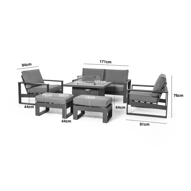 Load image into Gallery viewer, Maze - Amalfi 2 Seat Aluminium Sofa Set
with Square Fire Pit Table plus Armchairs &amp; Footstools - Grey
