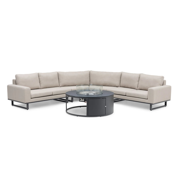 Maze - Outdoor Fabric Ethos Grande Corner Sofa Set
with Round Fire Pit Table - Oatmeal