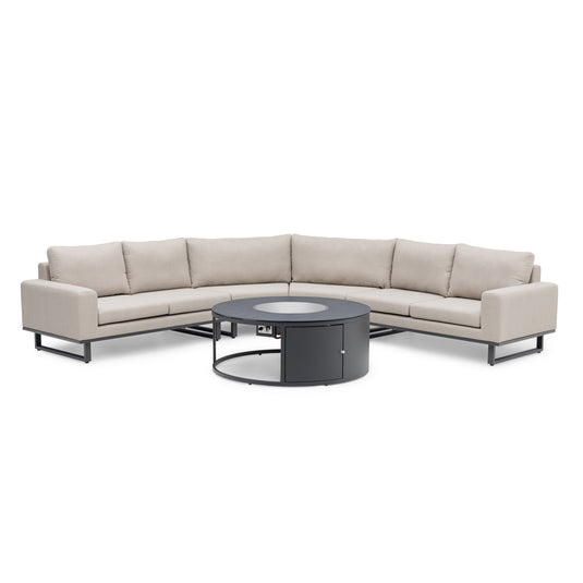 Maze - Outdoor Fabric Ethos Grande Corner Sofa Set
with Round Fire Pit Table - Oatmeal