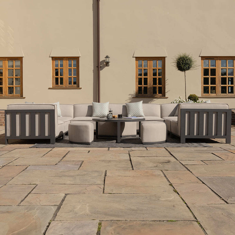 Load image into Gallery viewer, Maze - Outdoor Fabric Ibiza U Shape Sofa Set
with Round Coffee Table &amp; 3 Footstools - Oatmeal
