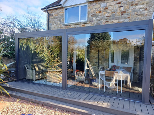 Blakesleys Aluminium Pergola - Glass Sliding Door System - New Model