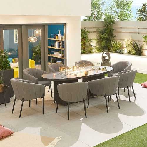 Load image into Gallery viewer, Nova - Edge Fabric 8 Seat Oval Dining Set with Firepit - Light Grey
