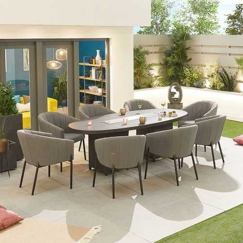 Nova - Edge Fabric 8 Seat Oval Dining Set with Firepit - Light Grey