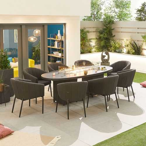 Load image into Gallery viewer, Nova - Edge Fabric 8 Seat Oval Dining Set with Firepit - Dark Grey

