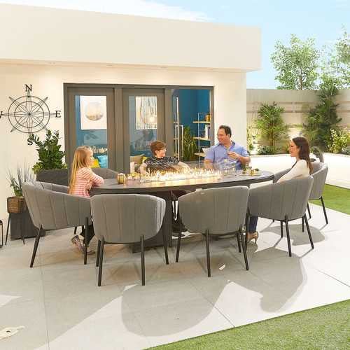 Load image into Gallery viewer, Nova - Edge Fabric 8 Seat Oval Dining Set with Firepit - Light Grey

