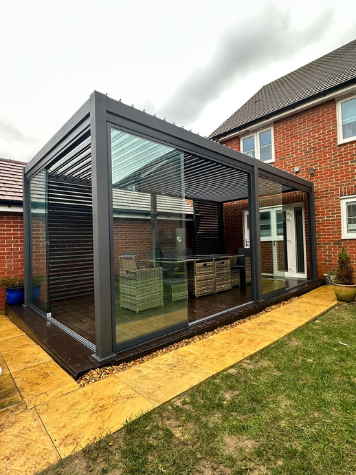 Titan Aluminium Pergola 6m x 3m Rectangular optional Glass sliding Doors - Grey