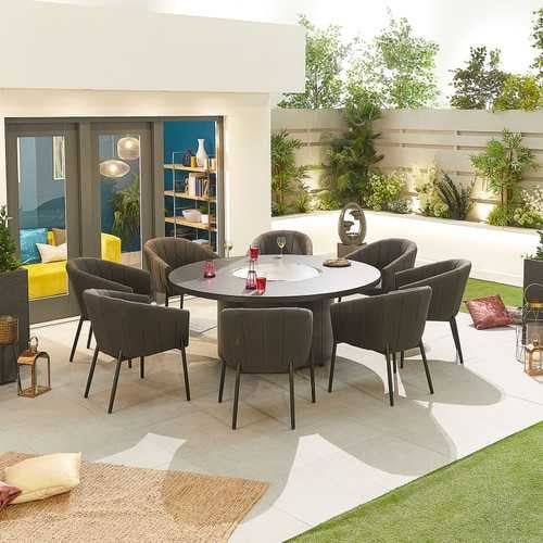 Load image into Gallery viewer, Nova - Edge Fabric 8 Seat Round Dining Set with Firepit - Dark Grey
